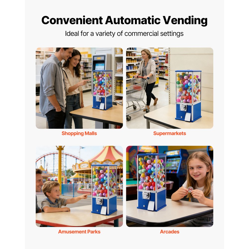 Máquina expendedora de chicles VEVOR, dispensador de caramelos de 63 cm de altura, máquinas expendedoras de 25 centavos para centros comerciales, supermercados, parques de atracciones y salas de juego. Capacidad para 230 caramelos esféricos de 4,5 cm.