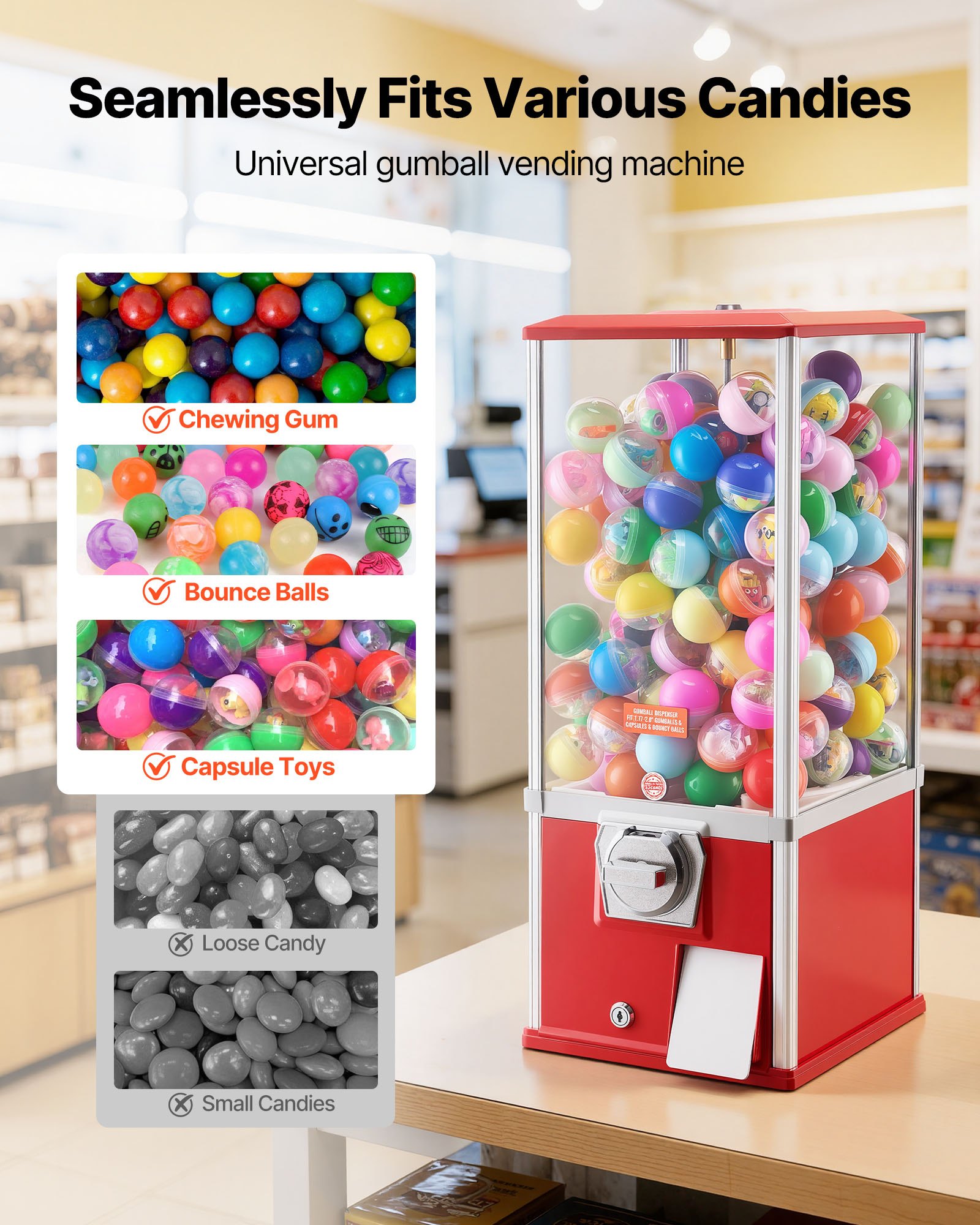 Máquina expendedora de chicles VEVOR, dispensador de caramelos de 63 cm de altura, máquinas expendedoras de 25 centavos para centros comerciales, supermercados, parques de atracciones y salas de juego. Capacidad para 230 caramelos esféricos de 4,5 cm.