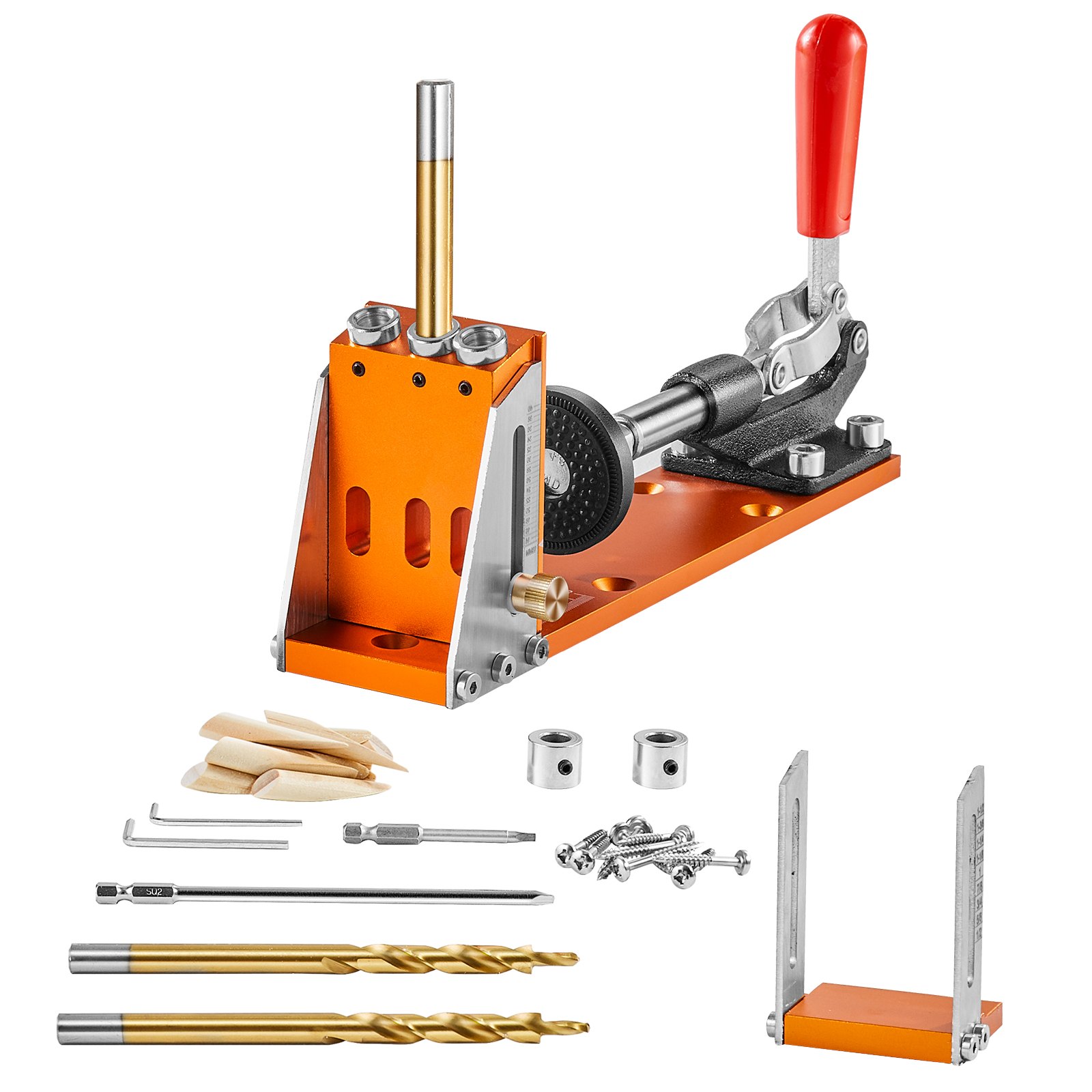 VEVOR Kit de plantilla para orificios de bolsillo de 30 piezas, sistema de plantilla para orificios de bolsillo ajustable y fácil de usar con taladros escalonados, anillos de tope de taladro, llaves y puntas cuadradas, marcas de escala dual para proyectos de carpintería de bricolaje