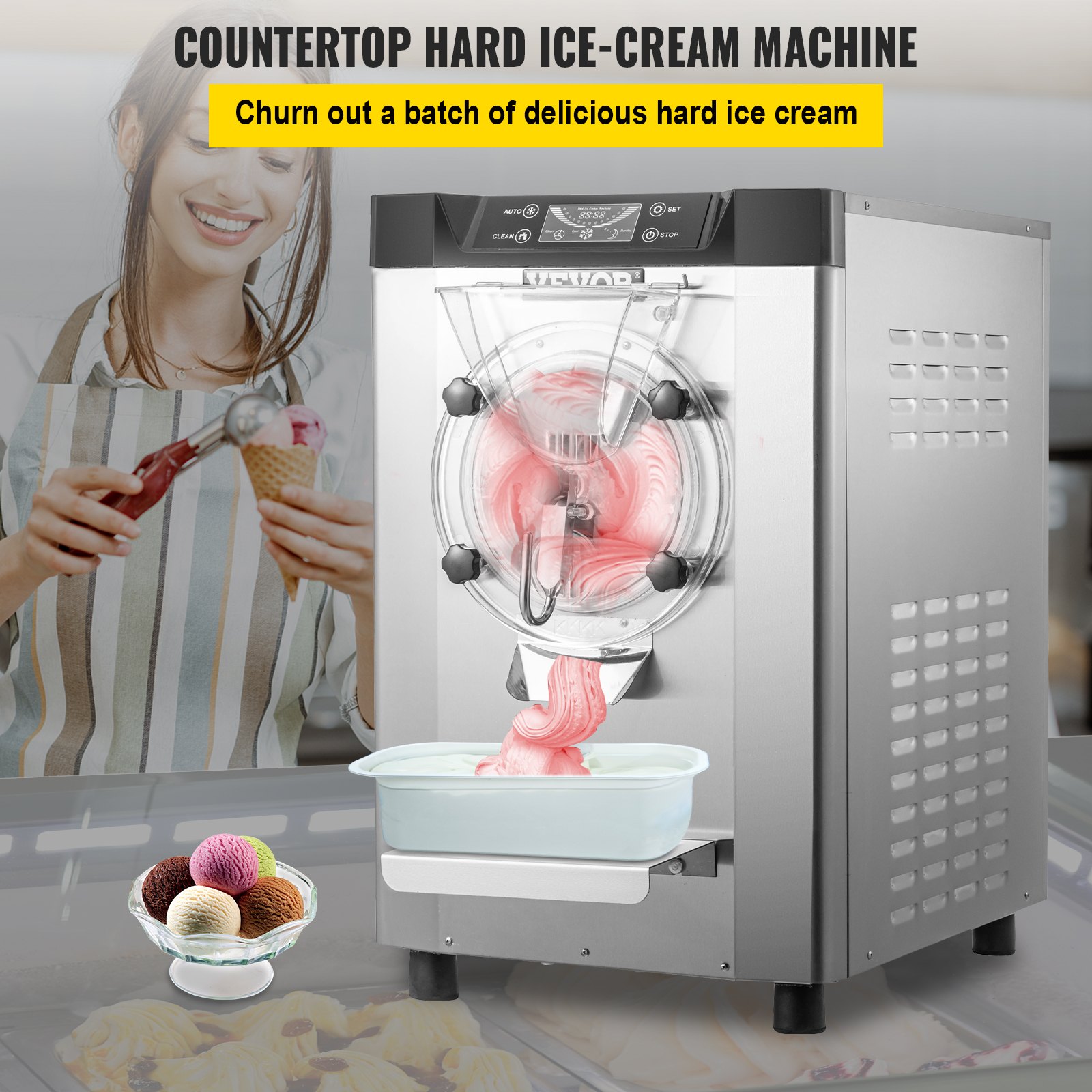 VEVOR Commercial Hard Ice Cream Machine Hard Serve Ice Cream Maker 4.8-6.3 Gal/H