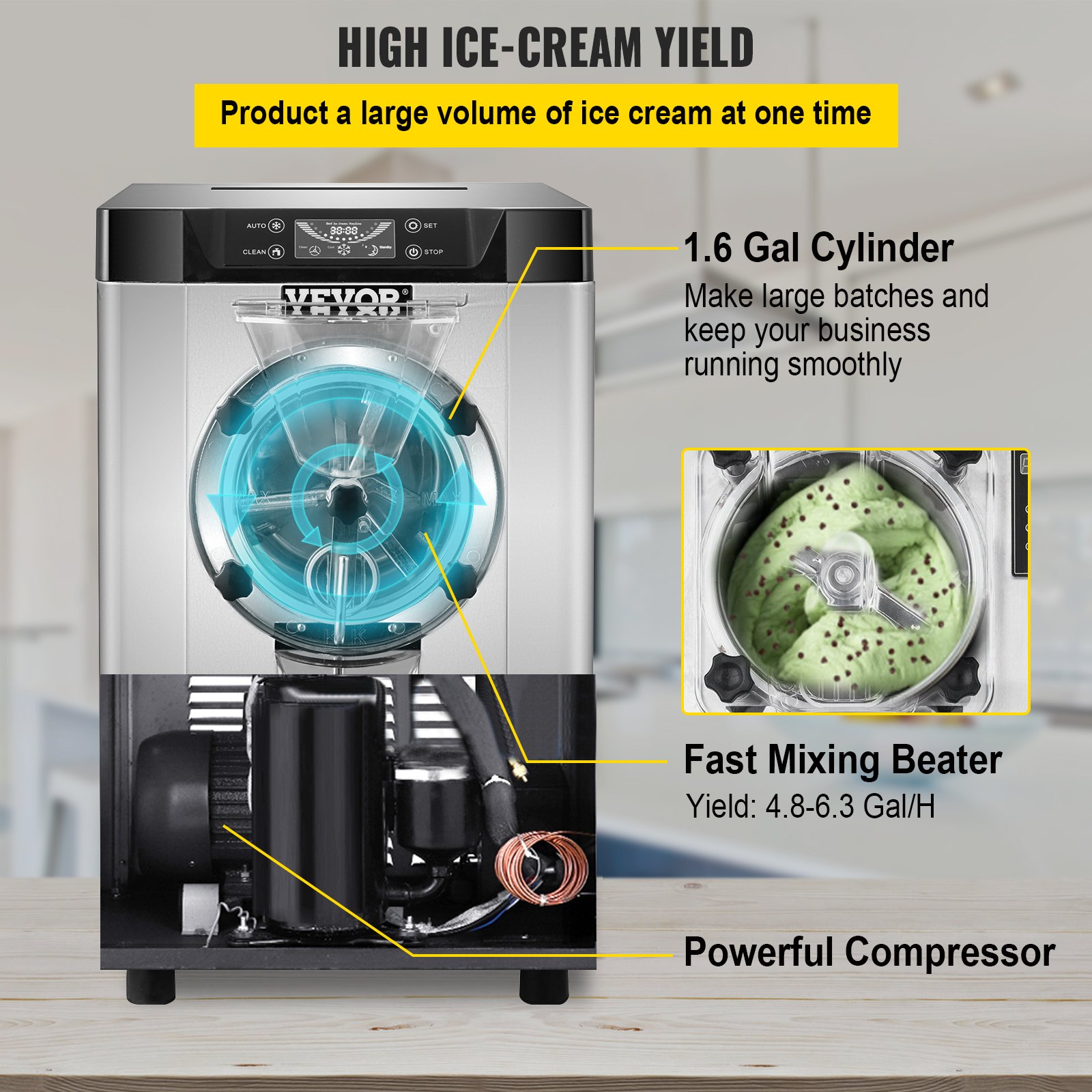 VEVOR Commercial Hard Ice Cream Machine Hard Serve Ice Cream Maker 4.8-6.3 Gal/H