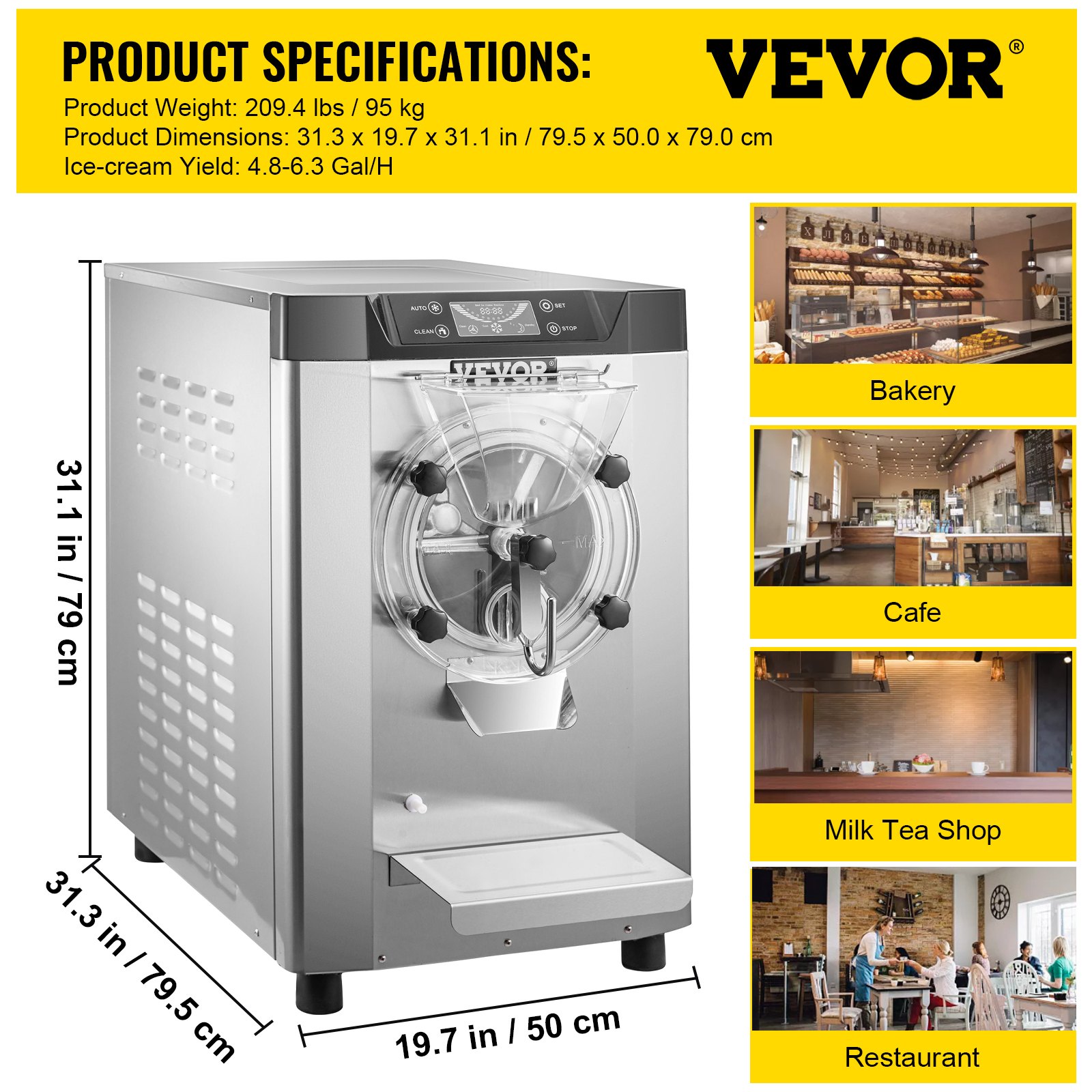 VEVOR Commercial Hard Ice Cream Machine Hard Serve Ice Cream Maker 4.8-6.3 Gal/H