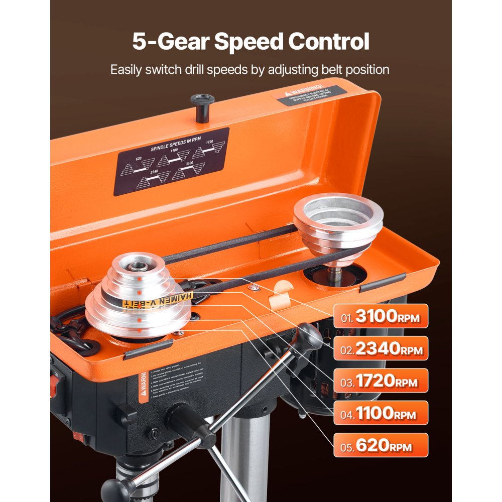 Taladro de banco VEVOR de 8 pulgadas, motor de inducción de 2,5 A, con velocidad ajustable de 620/1100/1720/2340/3100 RPM, mesa de trabajo inclinable de 0 a 45° y luz LED de trabajo, para madera y metal.