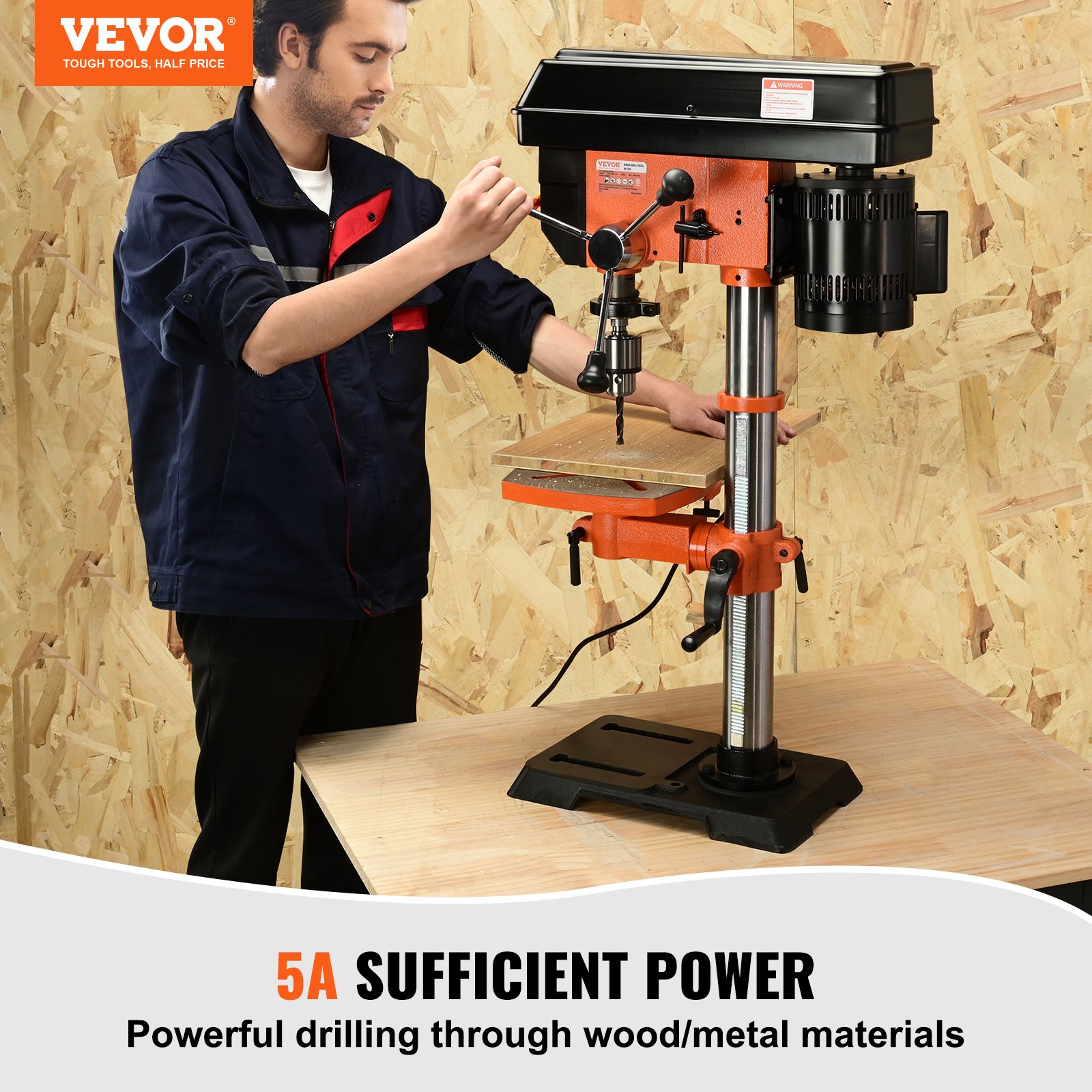 VEVOR Taladro de mesa de 12 pulgadas, 5 amperios 120 V, taladro de banco de hierro fundido de velocidad variable, distancia de giro de 12 pulgadas, mesa de trabajo inclinable de 0 a 45° con luz de trabajo láser, perforadora de mesa para madera y metal