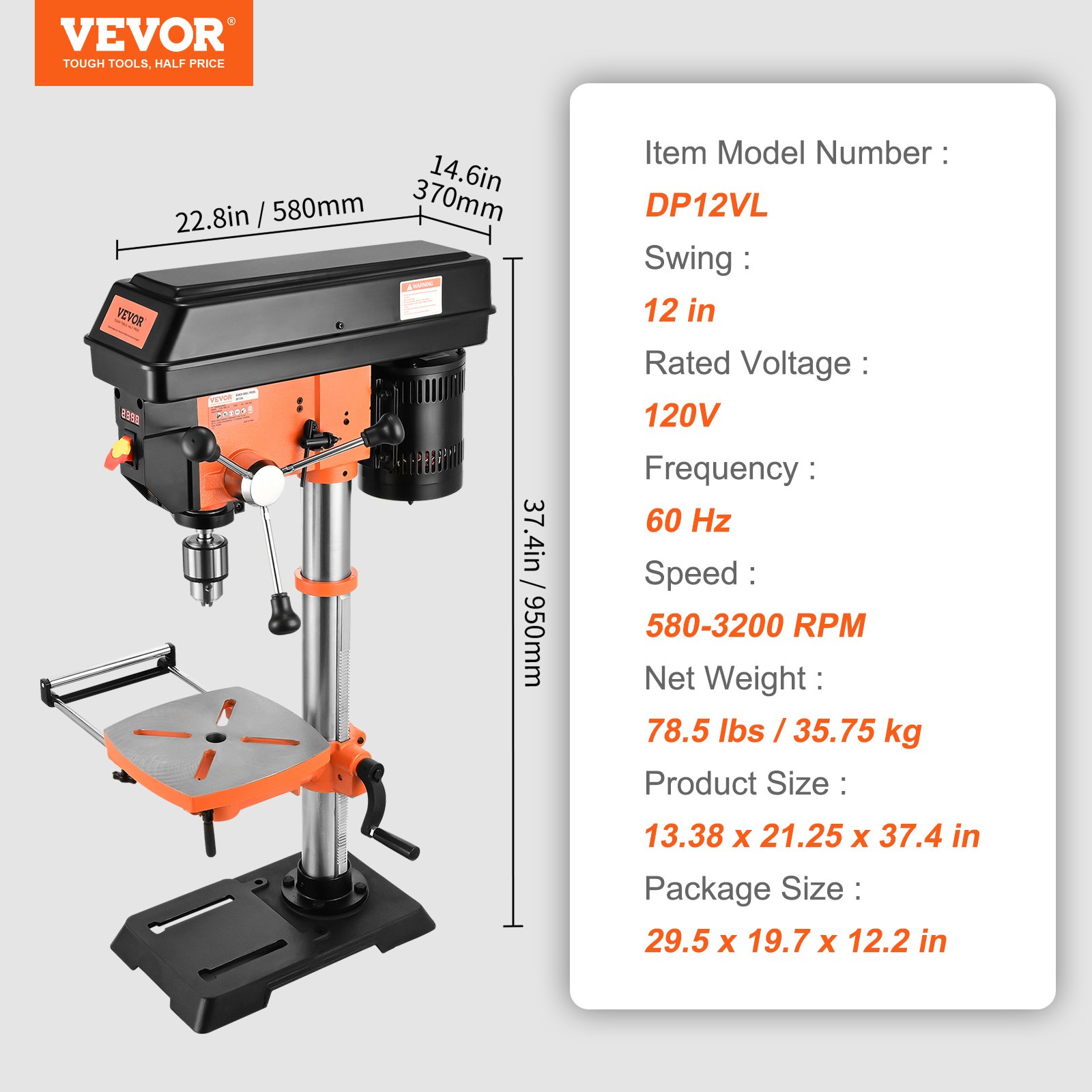 VEVOR Taladro de mesa de 12 pulgadas, 5 amperios 120 V, taladro de banco de hierro fundido de velocidad variable, distancia de giro de 12 pulgadas, mesa de trabajo inclinable de 0 a 45° con luz de trabajo láser, perforadora de mesa para madera y metal