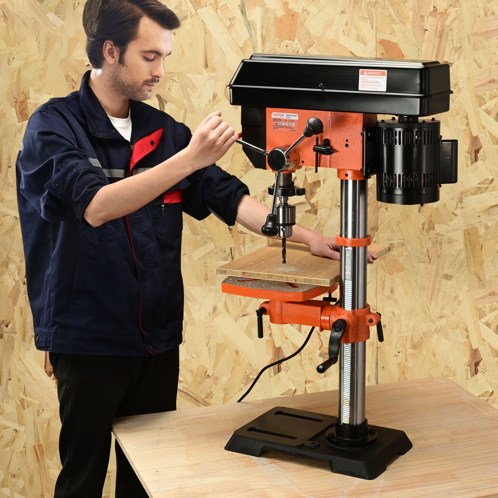 VEVOR Taladro de mesa de 12 pulgadas, 5 amperios 120 V, taladro de banco de hierro fundido de velocidad variable, distancia de giro de 12 pulgadas, mesa de trabajo inclinable de 0 a 45° con luz de trabajo láser, perforadora de mesa para madera y metal