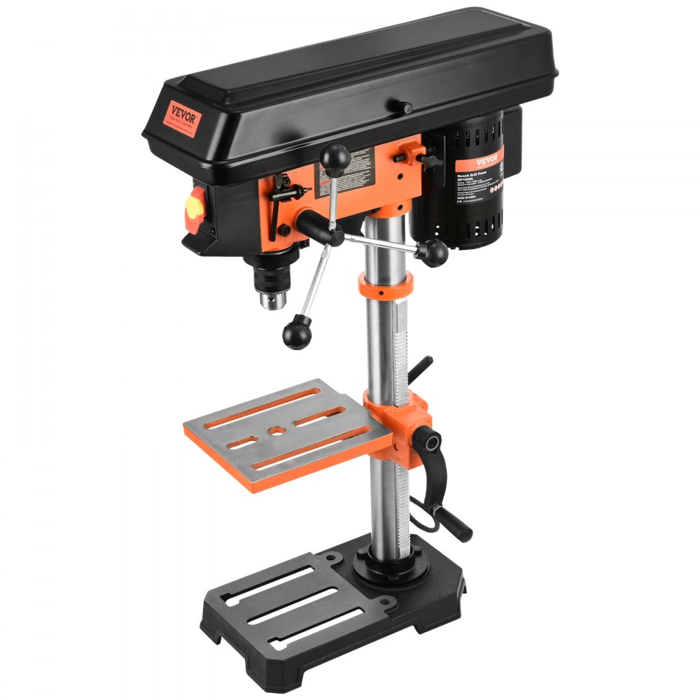 Taladro de banco VEVOR con mesa ajustable, diseño negro y naranja y base resistente.