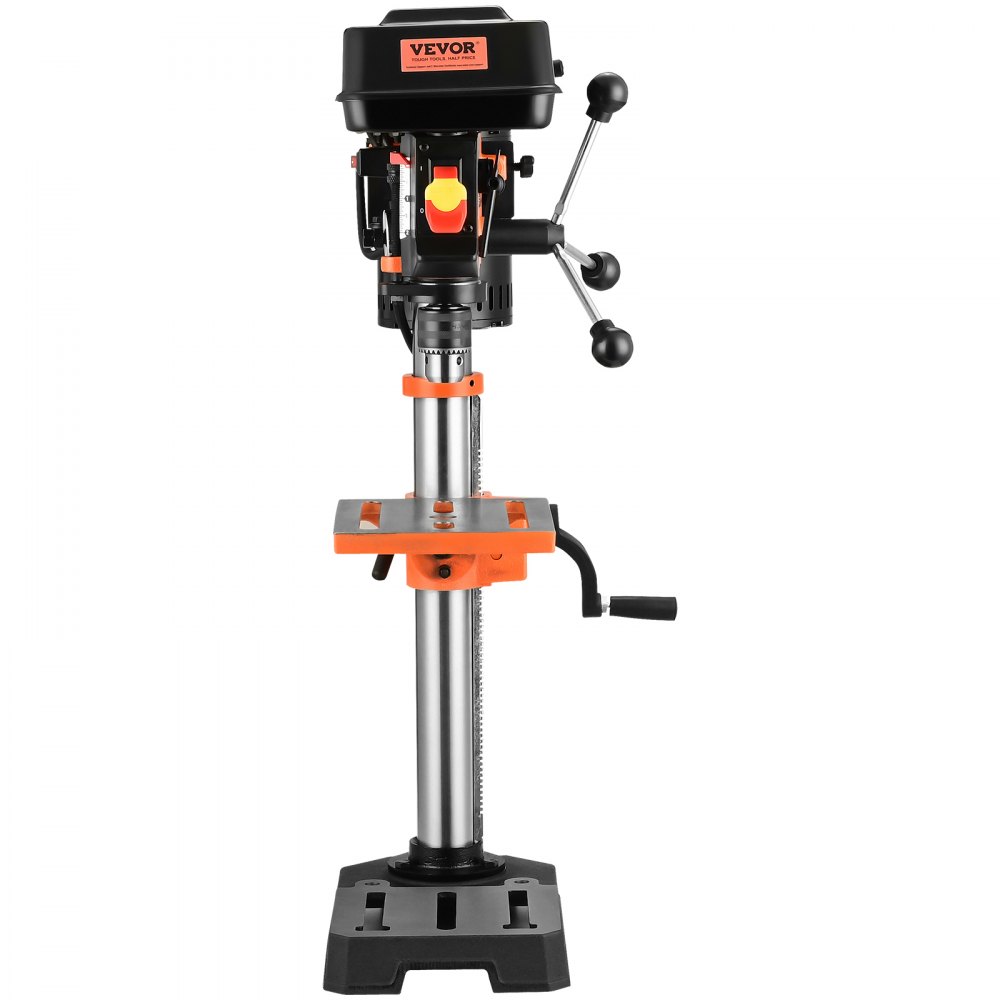 Taladro de banco VEVOR con cuerpo negro, detalles en naranja y base ajustable sobre un soporte de metal.