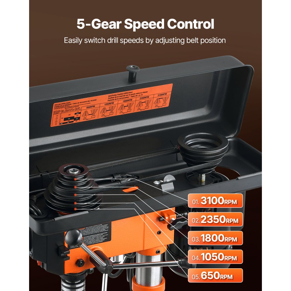 VEVOR Taladro de mesa de 10 pulgadas, 3,2 A, 120 V, taladro de banco de hierro fundido de 5 velocidades, distancia de giro de 10 pulgadas, mesa de trabajo inclinable de 0 a 45° con luz de trabajo láse