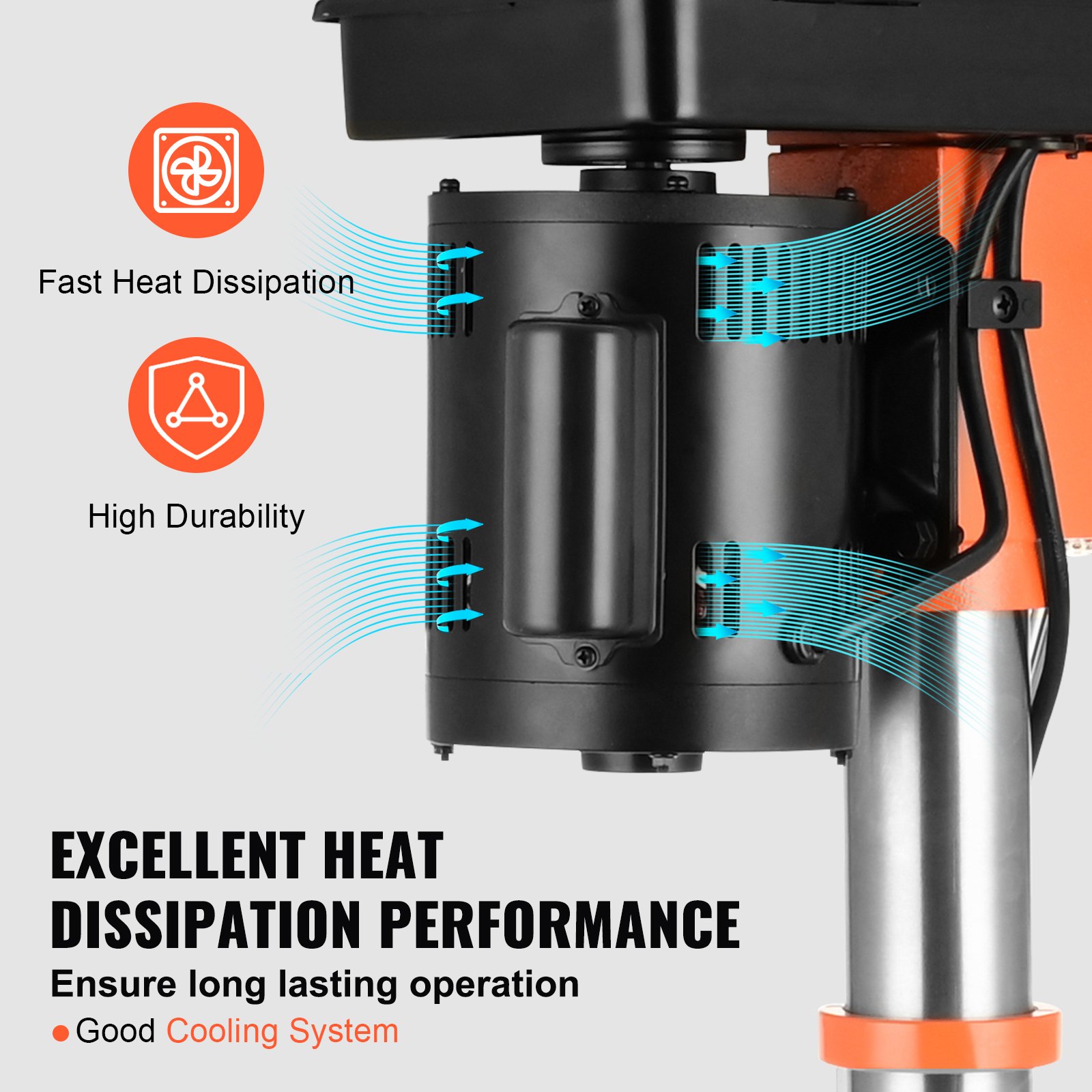 Taladro de banco VEVOR con excelente disipación de calor y alta durabilidad para un uso prolongado.