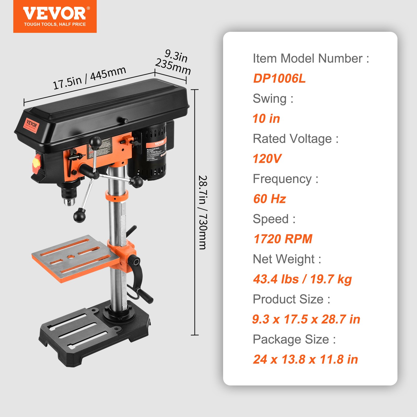 Taladro de banco VEVOR dp1006l, giro de 10 pulgadas, 120 V, 1720 rpm, 43,4 libras, tamaño 9,3 x 17,5 x 28,7 pulgadas.