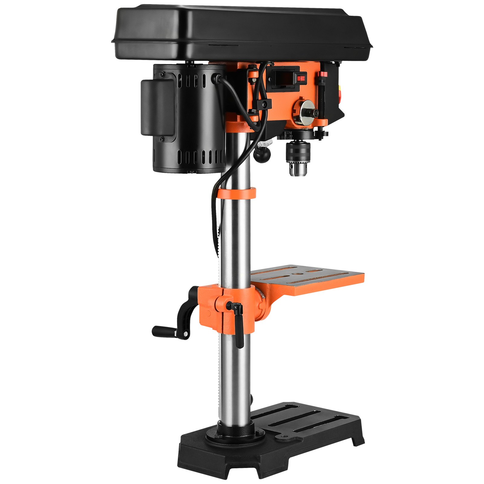 Taladro de banco VEVOR con mesa ajustable, motor potente y detalles en color naranja brillante.