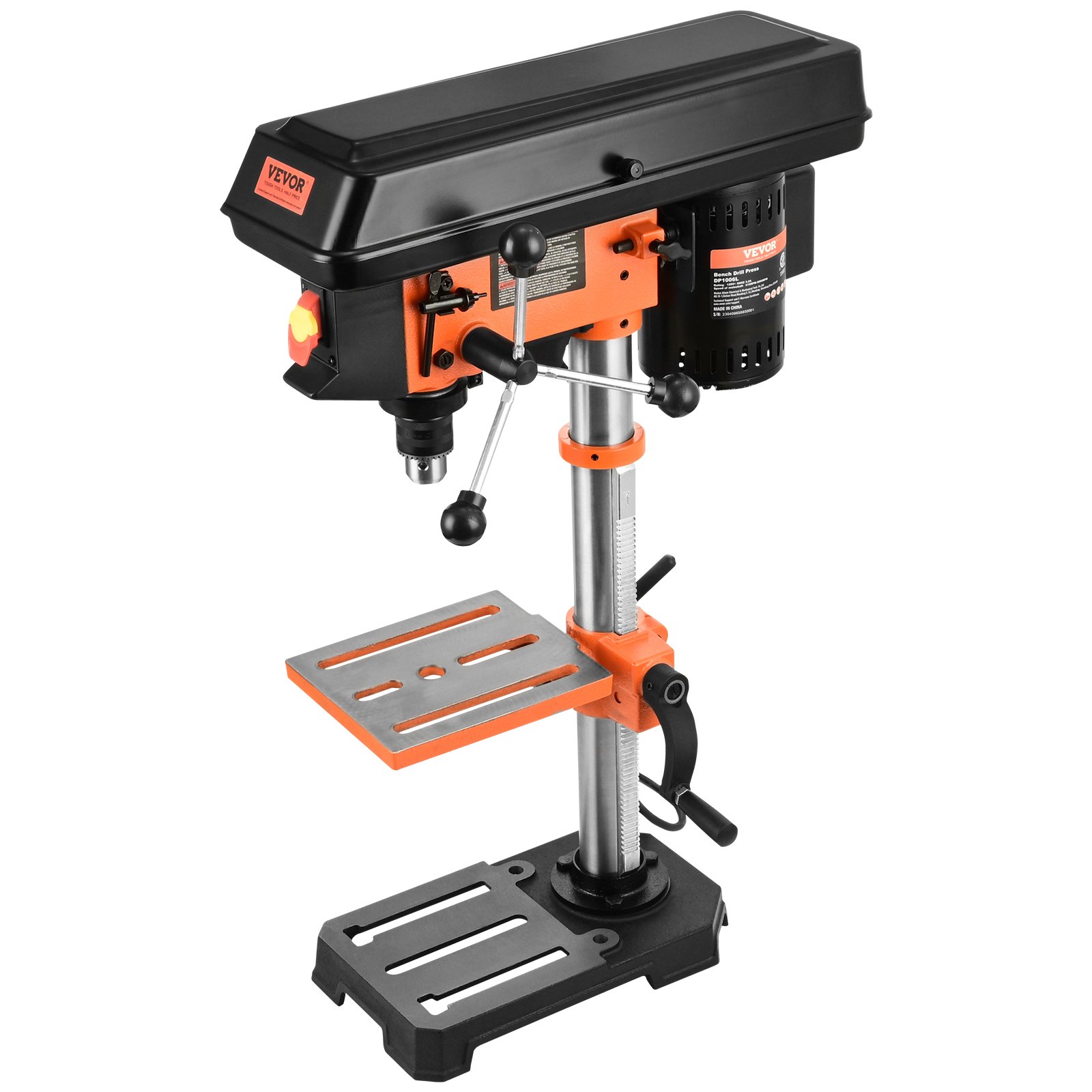Taladro de banco VEVOR con mesa ajustable, diseño negro y naranja y base resistente.