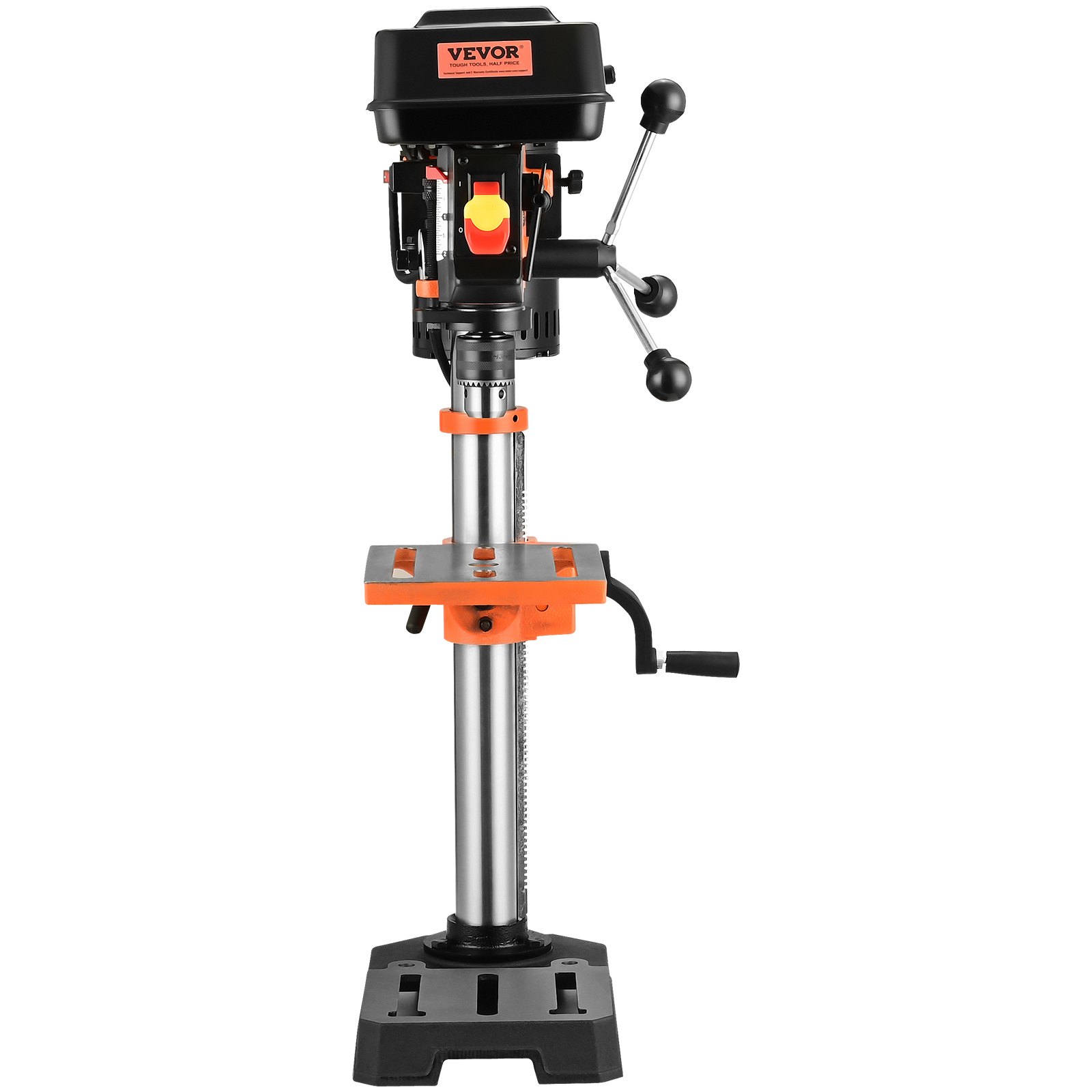 Taladro de banco VEVOR con cuerpo negro, detalles en naranja y base ajustable sobre un soporte de metal.