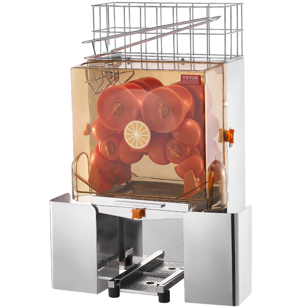 Exprimidor de naranjas comercial VEVOR con cuerpo de acero inoxidable y cámara transparente llena de naranjas.