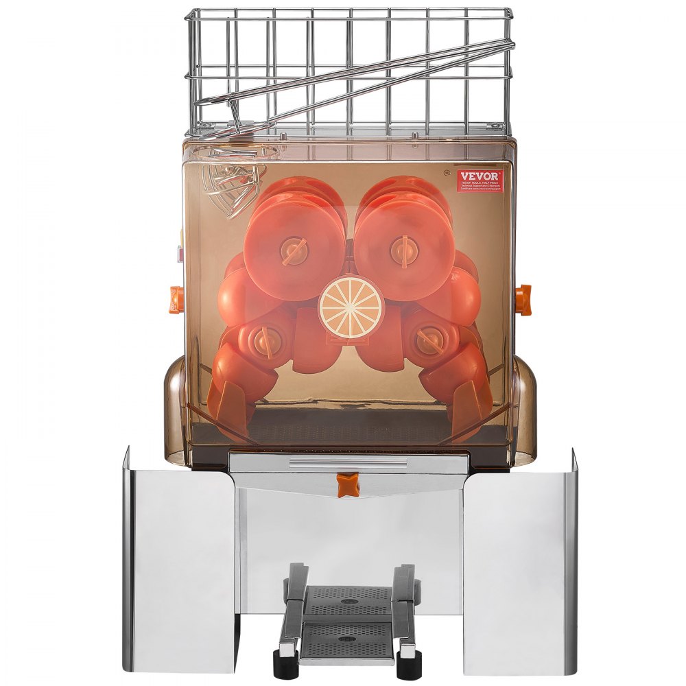 Exprimidor de naranjas comercial VEVOR con estructura de acero inoxidable y mecanismos de exprimido de naranja.