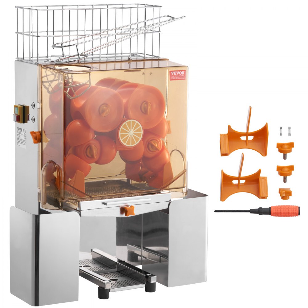 Exprimidor de naranjas comercial VEVOR con cuerpo de acero inoxidable, mecanismo de exprimidor de naranja y piezas extras.