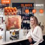 Exprimidor de naranjas comercial VEVOR en entorno de bar, que produce rápidamente jugo fresco con funciones automáticas.