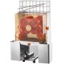 Exprimidor de naranjas comercial VEVOR con cuerpo de acero inoxidable y cámara transparente llena de naranjas.
