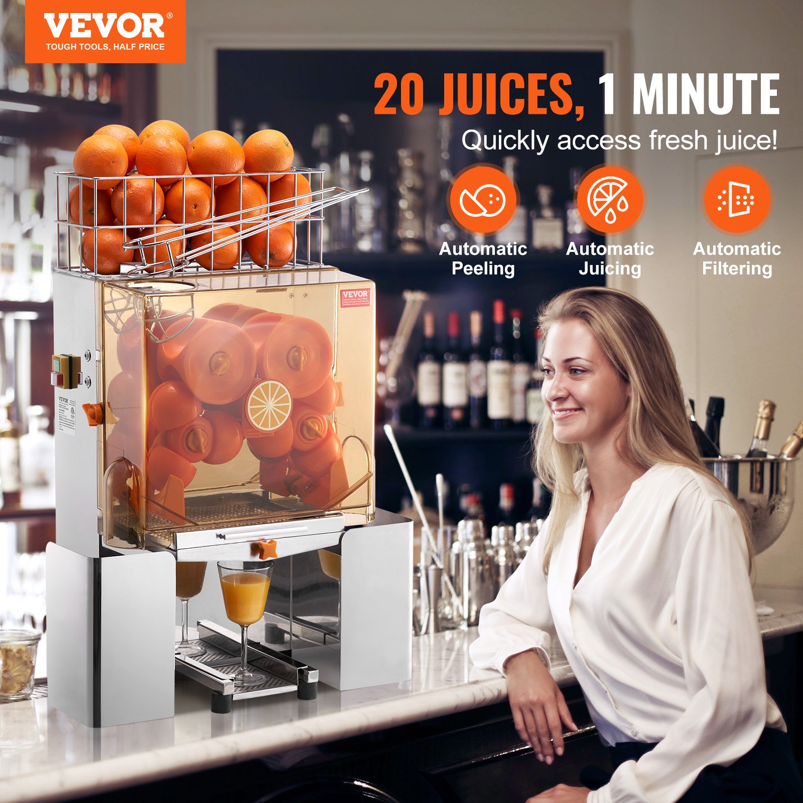 Exprimidor de naranjas comercial VEVOR en entorno de bar, que produce rápidamente jugo fresco con funciones automáticas.