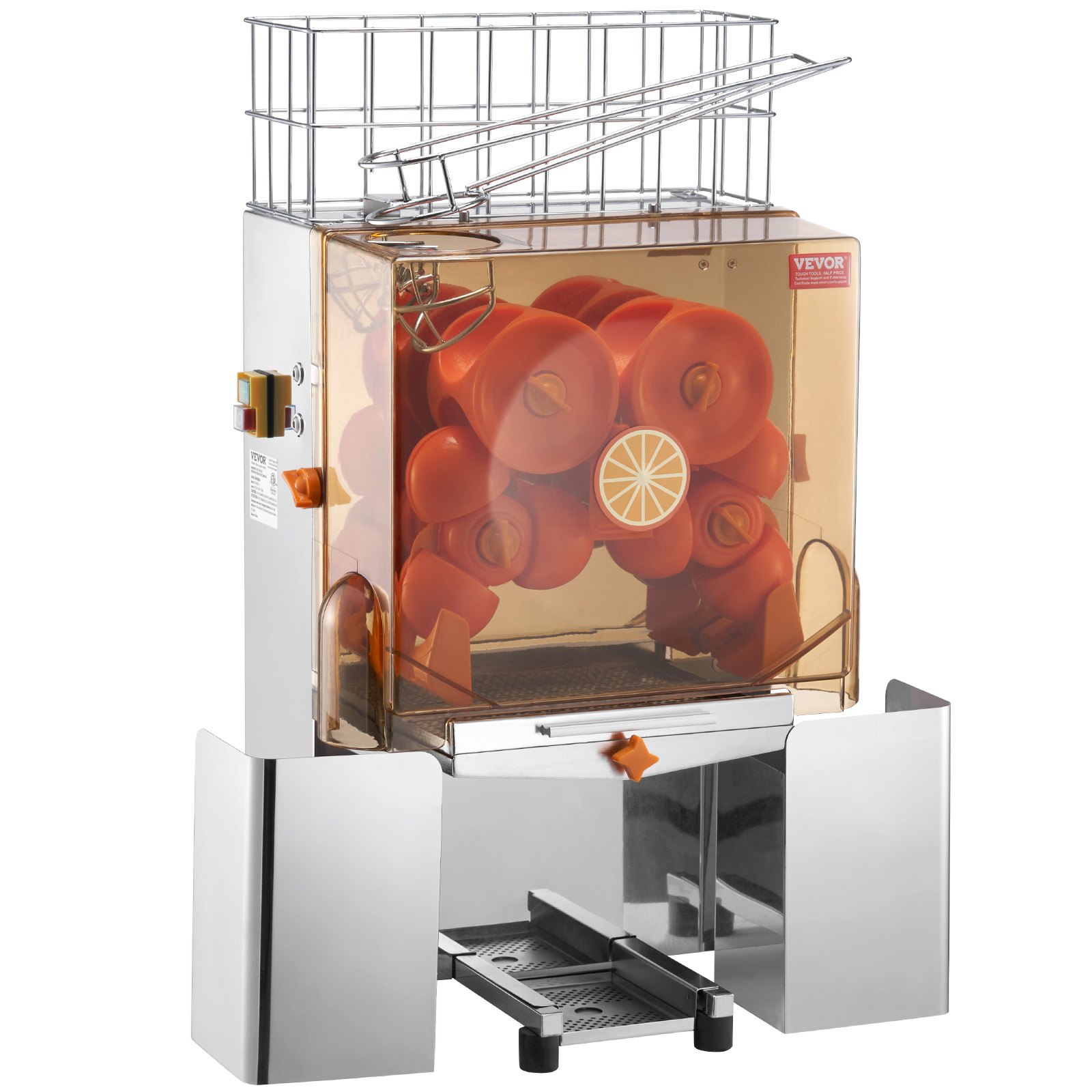 Exprimidor de naranjas comercial VEVOR con cuerpo de acero inoxidable y mecanismo de exprimidor de naranja.