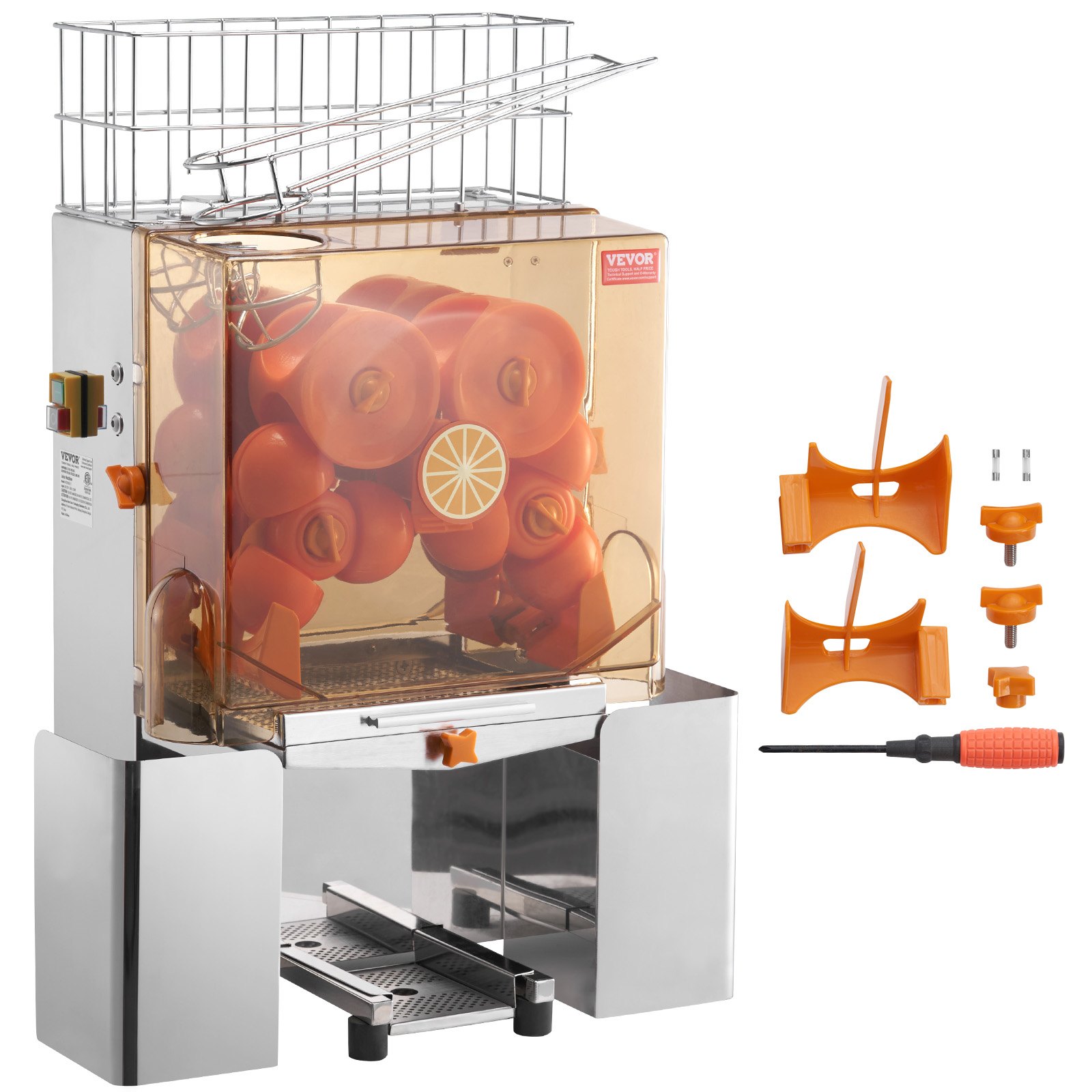 Exprimidor de naranjas comercial VEVOR con cuerpo de acero inoxidable, mecanismo de exprimidor de naranja y piezas extras.