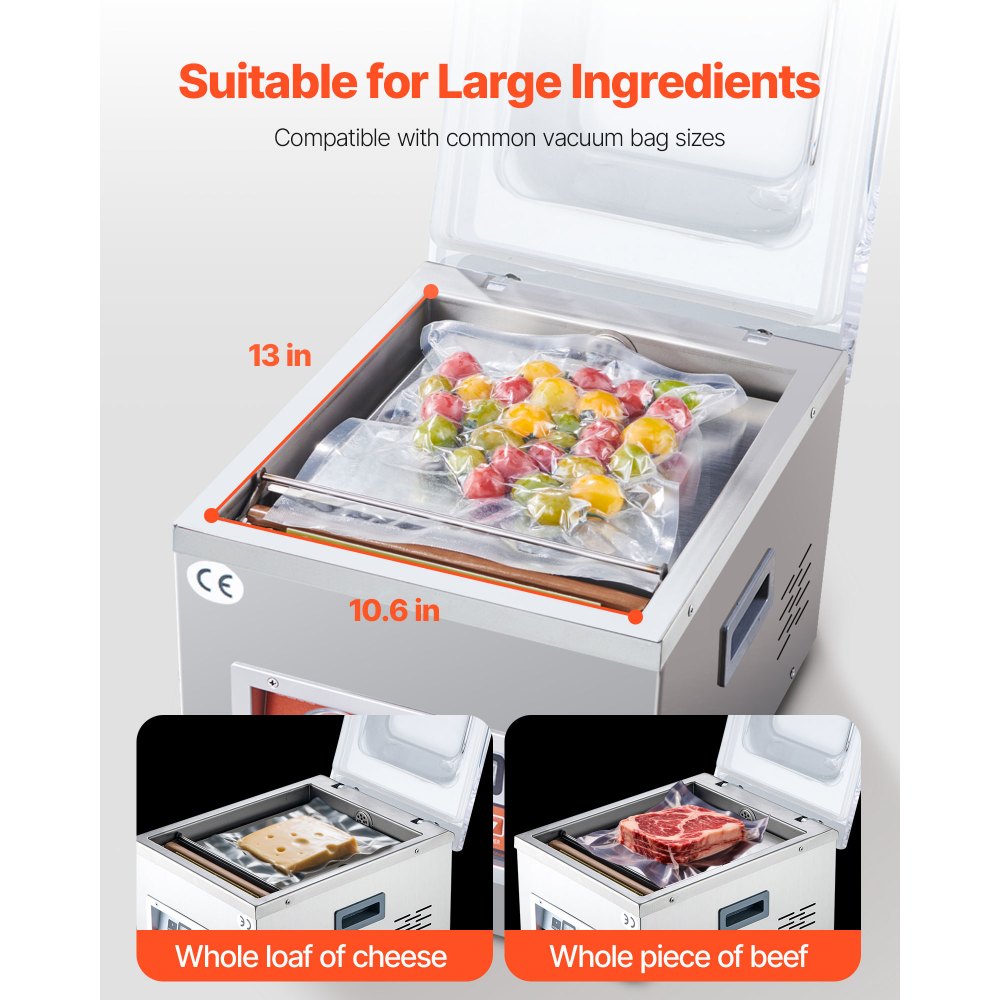 Selladora al vacío de cámara VEVOR, 260 W de potencia de sellado, máquina de envasado al vacío para alimentos húmedos, carnes, adobos y más, tamaño compacto con longitud de sellado de 26 cm, ideal para cocinas domésticas y uso comercial.