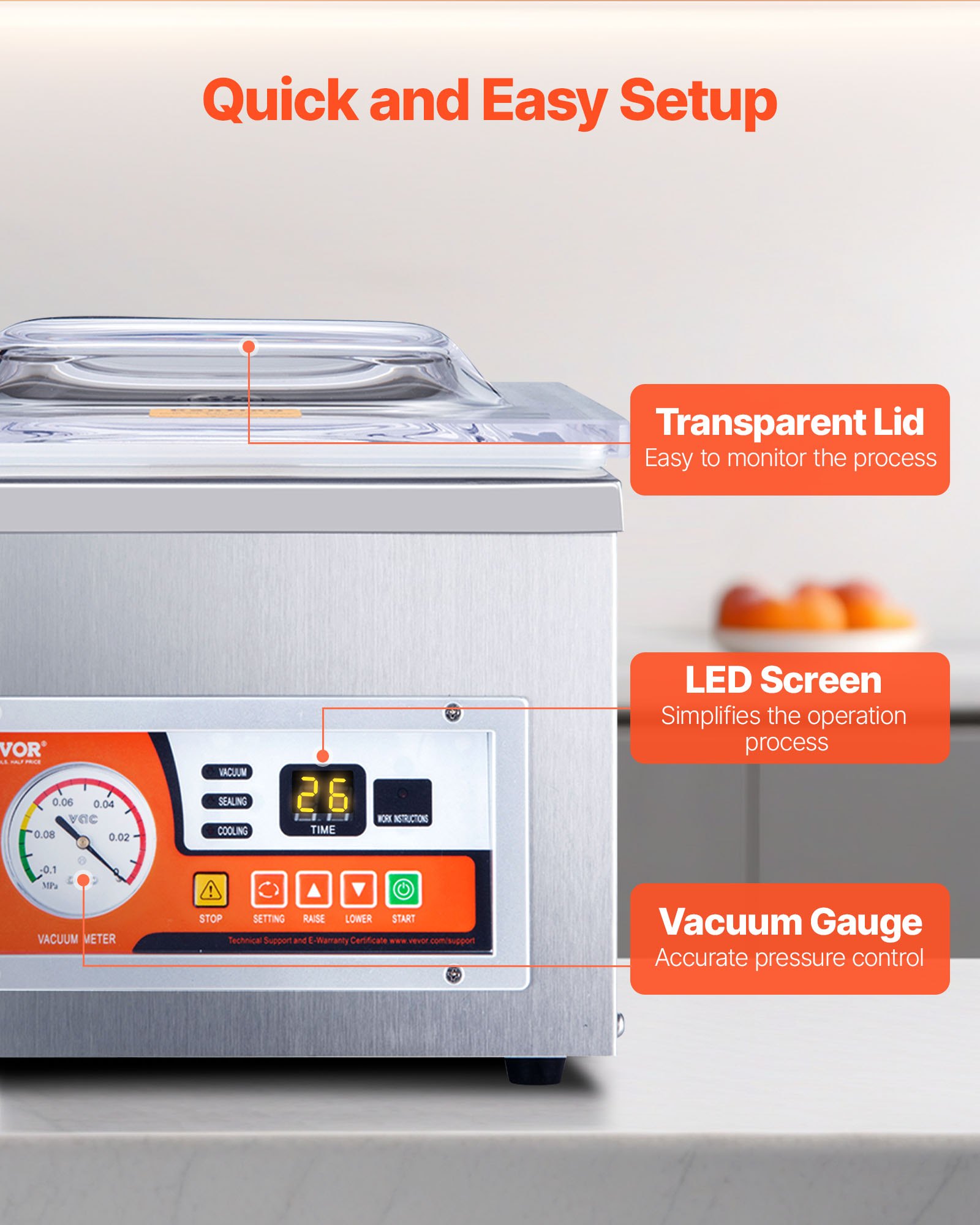 Selladora al vacío de cámara VEVOR, 260 W de potencia de sellado, máquina de envasado al vacío para alimentos húmedos, carnes, adobos y más, tamaño compacto con longitud de sellado de 26 cm, ideal para cocinas domésticas y uso comercial.