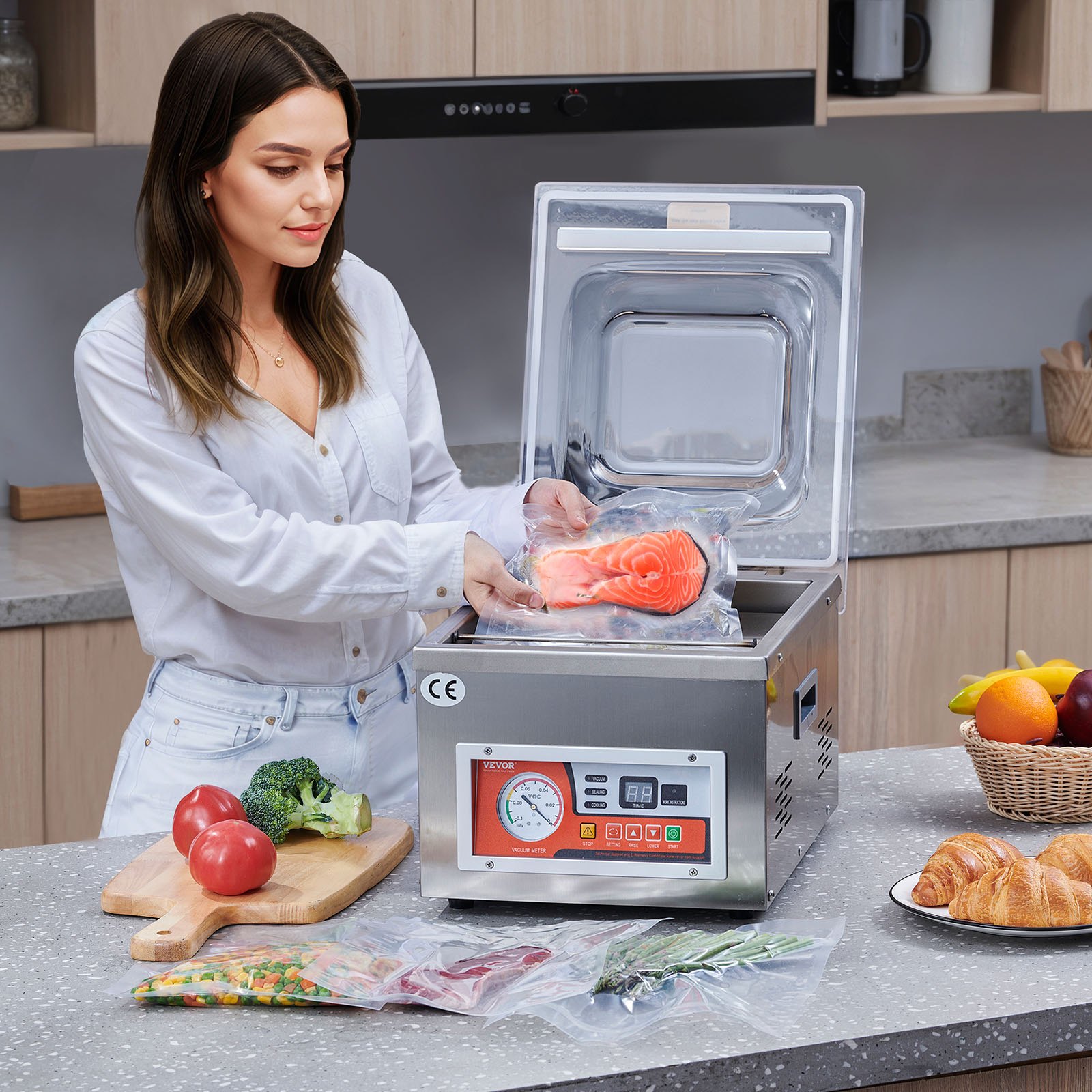 Selladora al vacío de cámara VEVOR, 260 W de potencia de sellado, máquina de envasado al vacío para alimentos húmedos, carnes, adobos y más, tamaño compacto con longitud de sellado de 26 cm, ideal para cocinas domésticas y uso comercial.