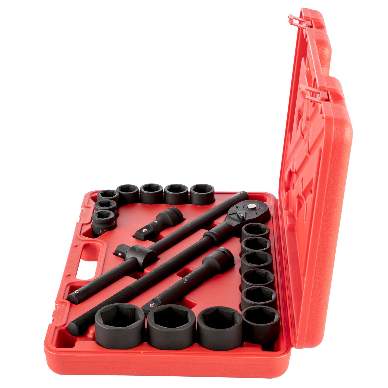 Estuche rojo que contiene el juego de vasos de impacto VEVOR con vasos y mangos negros.