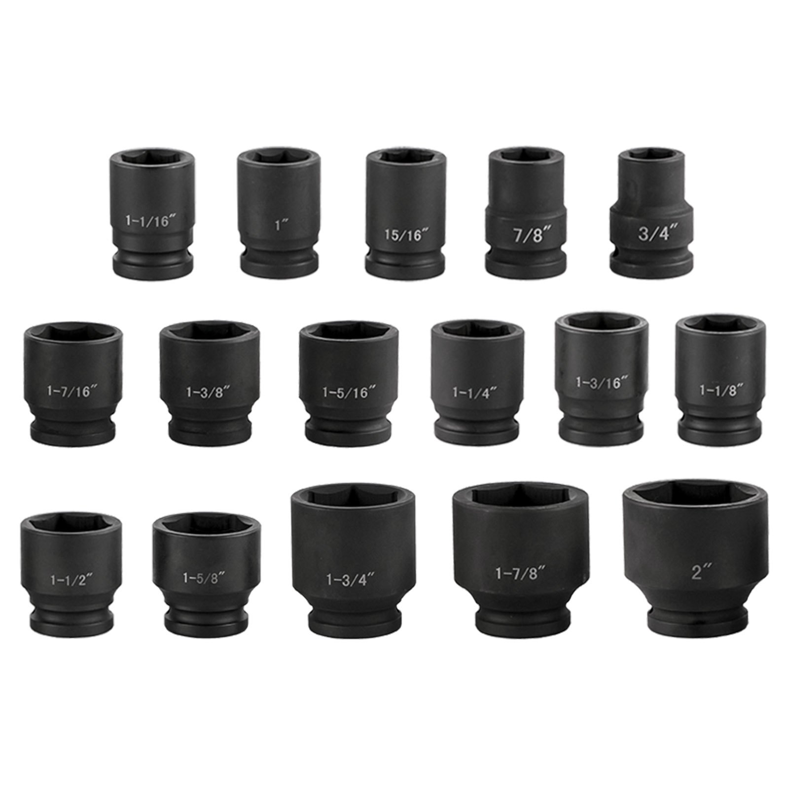 Juego de vasos de impacto VEVOR con varios tamaños mostrados en tres filas.