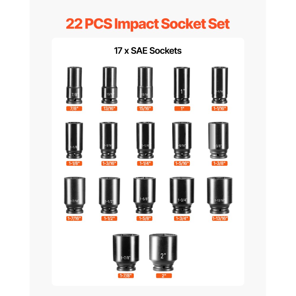 Juego de vasos de impacto VEVOR de 3/4 pulgadas, 22 vasos de impacto profundos, surtido de vasos con unidad de 3/4 pulgadas, tamaños SAE estándar de impacto de 7/8 pulgadas a 2 pulgadas, incluye adaptadores y mango de trinquete.