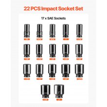 Juego de llaves de vaso de impacto VEVOR de 3/4 pulgadas, 22 piezas de llaves de vaso de impacto profundo, surtido de llaves de vaso de 3/4 pulgadas, juego de llaves de vaso de impacto estándar SAE, tamaños de 7/8 pulgadas a 2 pulgadas, incluye adaptadores y mango de trinquete