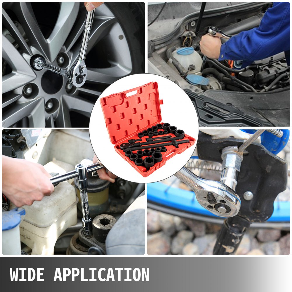 VEVOR Juego de llaves de vaso de impacto 3/4 pulgadas 27 piezas Llaves de vaso de impacto estándar, Surtido de llaves de vaso, Juego de llaves de vaso de 3/4 pulgadas Impacto estándar SAE (7/8 pulgadas a 2 pulgadas) y tamaños métricos (22 mm-50 mm)