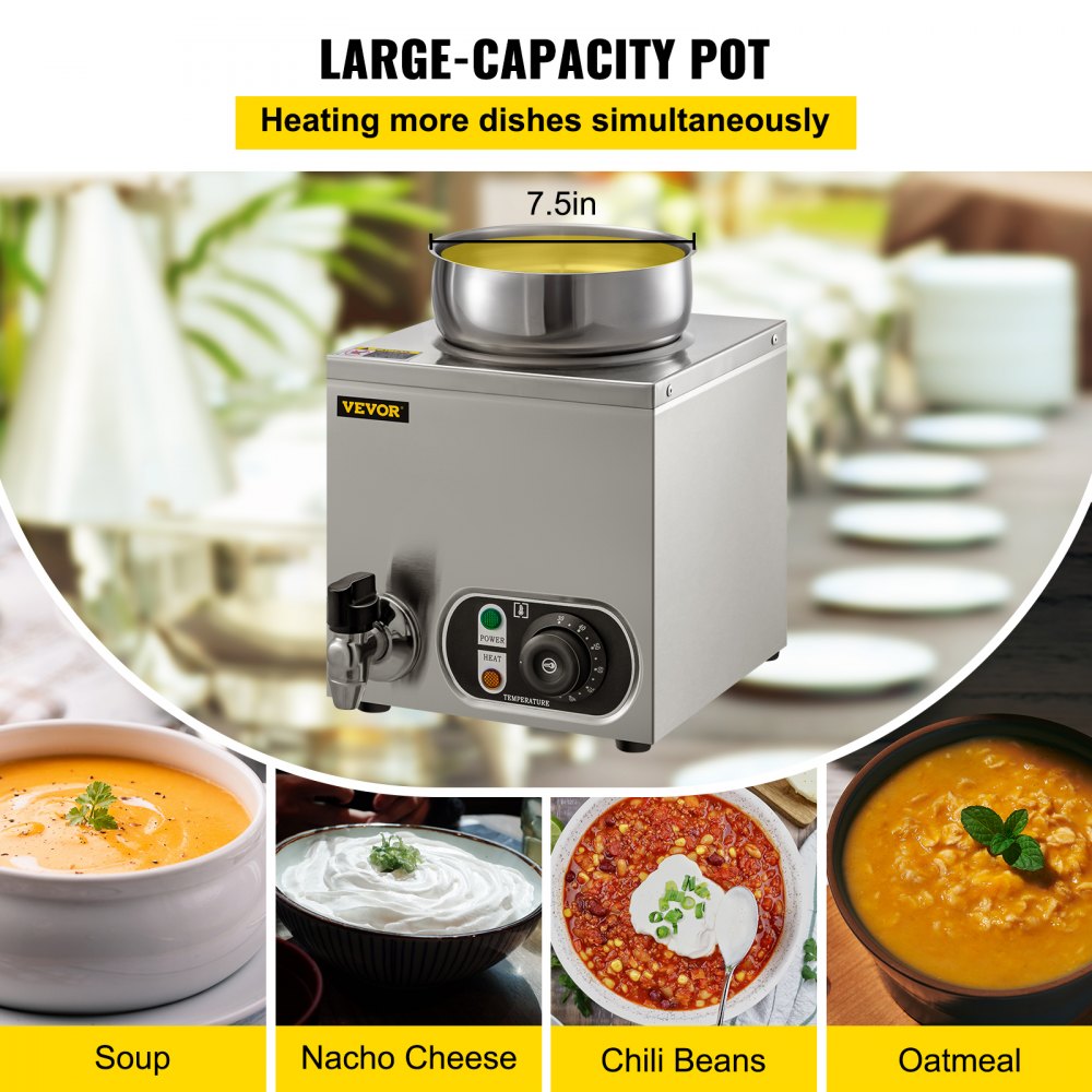 Calentador de alimentos comercial VEVOR de 110 V, capacidad de 4,2 cuartos de galón, calentador de sopa eléctrico de 300 W, temperatura ajustable de 86 a 185 °F, olla de sopa de encimera de acero inoxidable con grifo, calentador de alimentos Bain Marie para queso/perro caliente/arroz