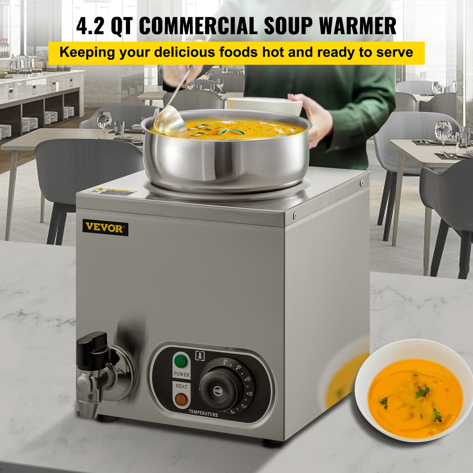 Calentador de alimentos comercial VEVOR de 110 V, capacidad de 4,2 cuartos de galón, calentador de sopa eléctrico de 300 W, temperatura ajustable de 86 a 185 °F, olla de sopa de encimera de acero inoxidable con grifo, calentador de alimentos Bain Marie para queso/perro caliente/arroz