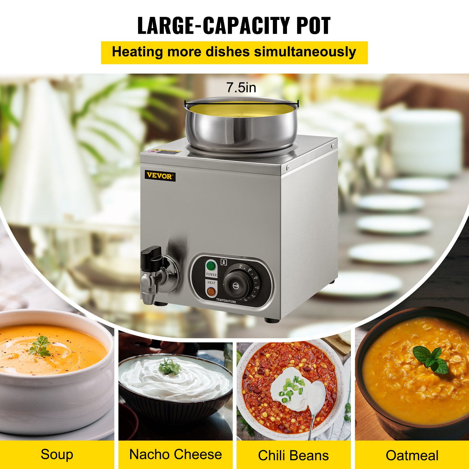 Calentador de alimentos comercial VEVOR de 110 V, capacidad de 4,2 cuartos de galón, calentador de sopa eléctrico de 300 W, temperatura ajustable de 86 a 185 °F, olla de sopa de encimera de acero inoxidable con grifo, calentador de alimentos Bain Marie para queso/perro caliente/arroz