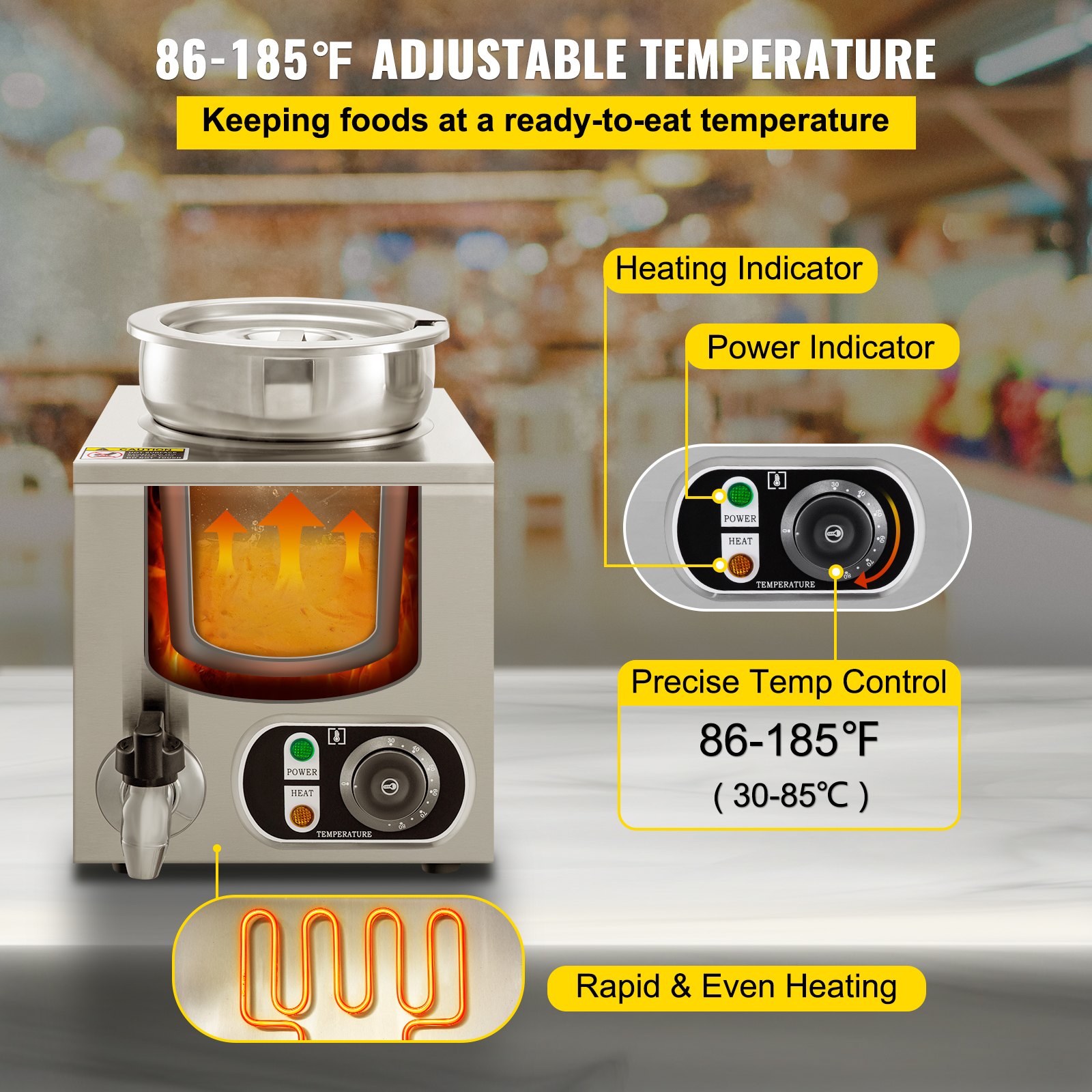 Calentador de alimentos comercial VEVOR de 110 V, capacidad de 4,2 cuartos de galón, calentador de sopa eléctrico de 300 W, temperatura ajustable de 86 a 185 °F, olla de sopa de encimera de acero inoxidable con grifo, calentador de alimentos Bain Marie para queso/perro caliente/arroz