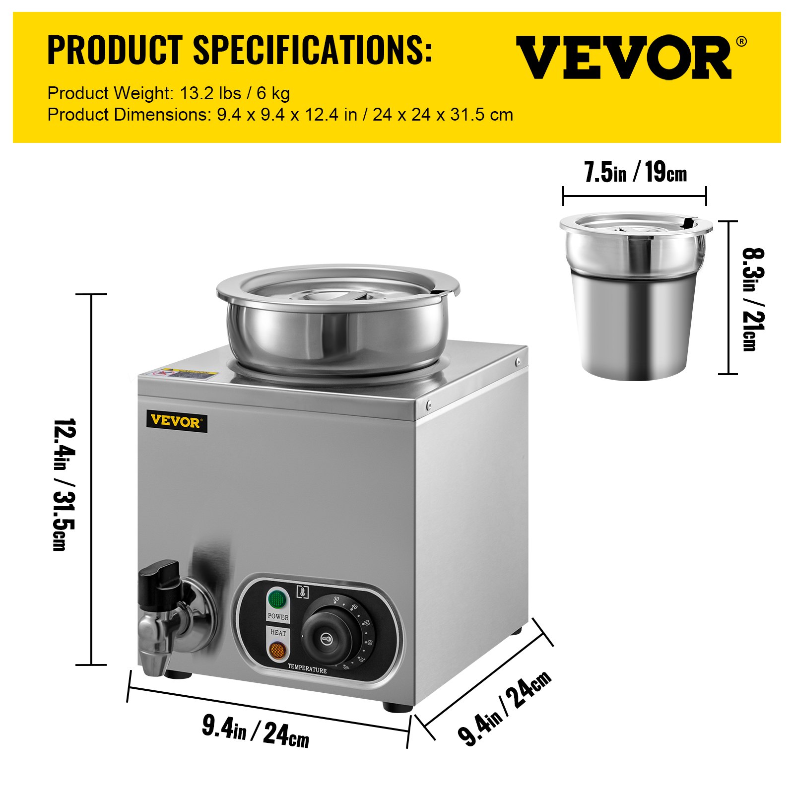 Calentador de alimentos comercial VEVOR de 110 V, capacidad de 4,2 cuartos de galón, calentador de sopa eléctrico de 300 W, temperatura ajustable de 86 a 185 °F, olla de sopa de encimera de acero inoxidable con grifo, calentador de alimentos Bain Marie para queso/perro caliente/arroz