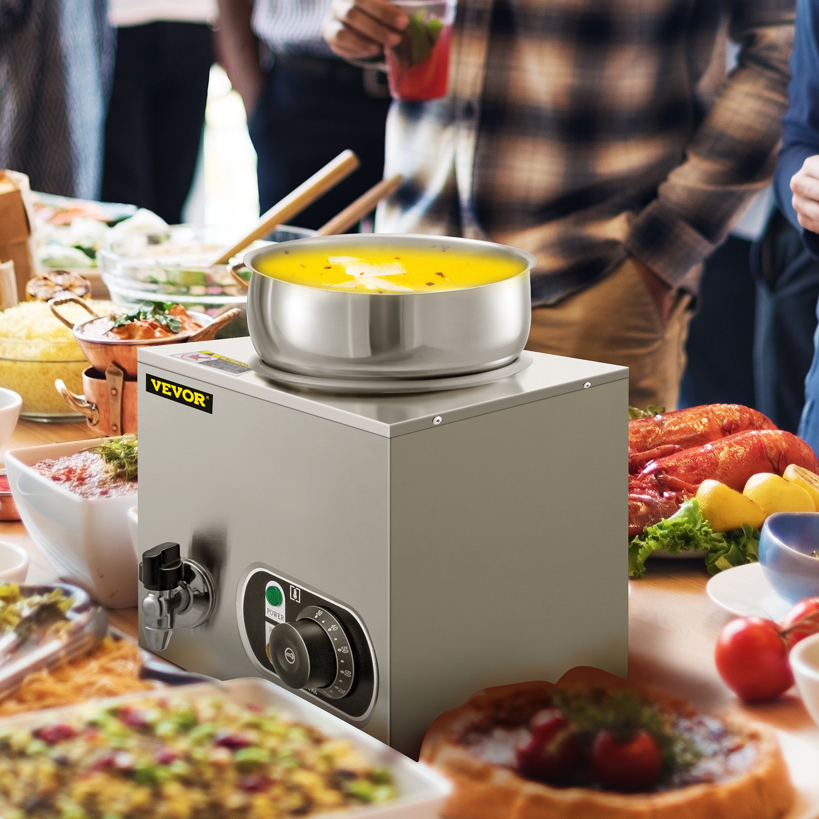 Calentador de alimentos comercial VEVOR de 110 V, capacidad de 4,2 cuartos de galón, calentador de sopa eléctrico de 300 W, temperatura ajustable de 86 a 185 °F, olla de sopa de encimera de acero inoxidable con grifo, calentador de alimentos Bain Marie para queso/perro caliente/arroz