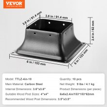 VEVOR Base de poste de 4 x 4, 10 unidades, soporte interno de acero con recubrimiento en polvo resistente de 3.6 x 3.6 pulgadas, apto para anclaje de poste de madera estándar, base de poste de cubierta para soporte de barandilla de porche de cubierta
