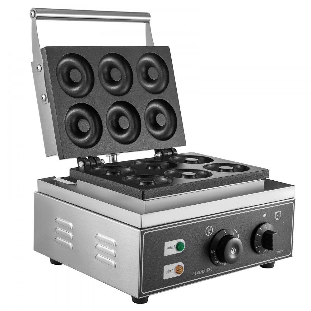 Máquina comercial para hacer donas y gofres VEVOR de 110 V, 6 orificios, calentamiento por ambos lados de 50 a 300 °C, 1550 W, antiadherente, con revestimiento de teflón para cocinas profesionales (profundidad: 0,55", diámetro: 2,95")