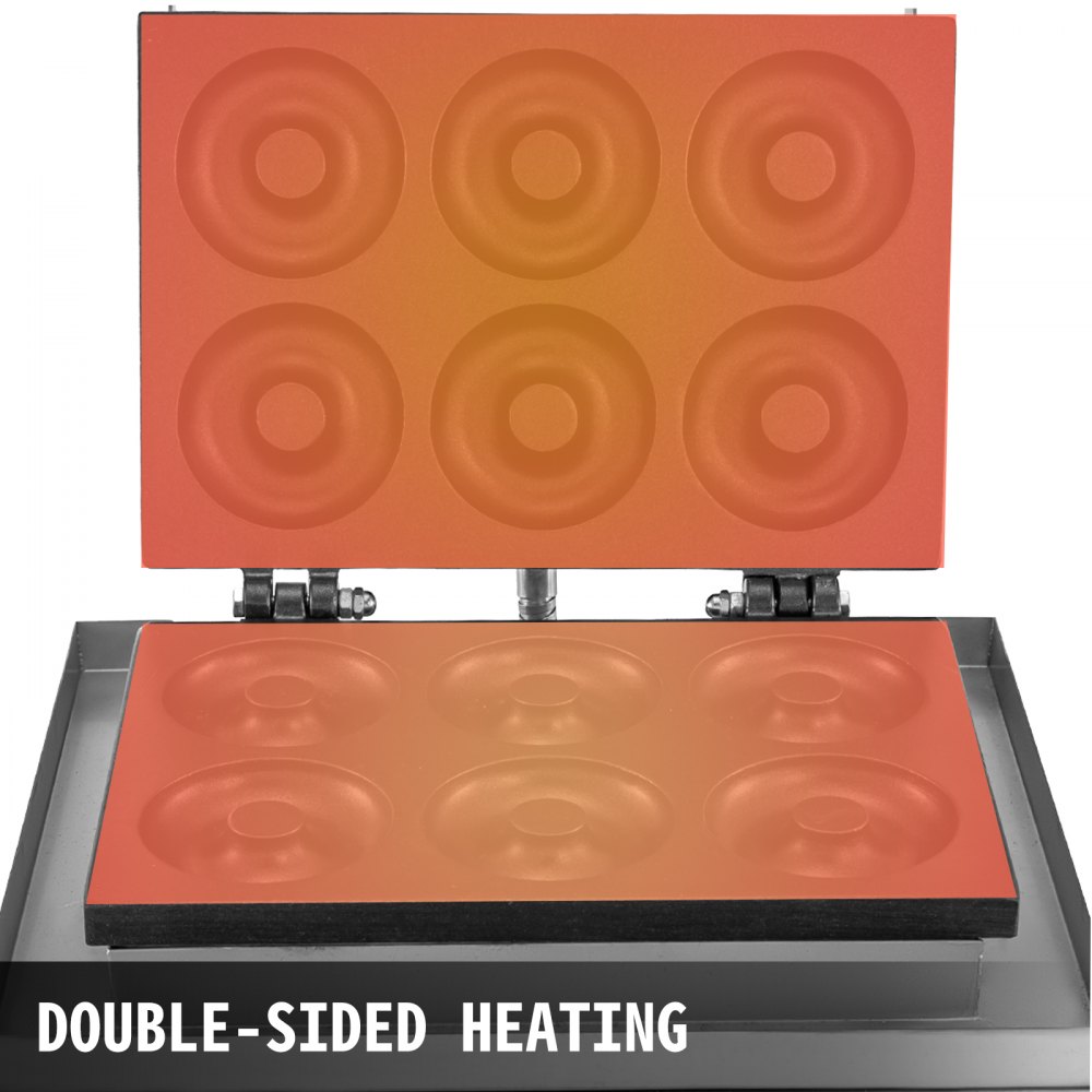 Máquina comercial para hacer donas y gofres VEVOR de 110 V, 6 orificios, calentamiento por ambos lados de 50 a 300 °C, 1550 W, antiadherente, con revestimiento de teflón para cocinas profesionales (profundidad: 0,55", diámetro: 2,95")