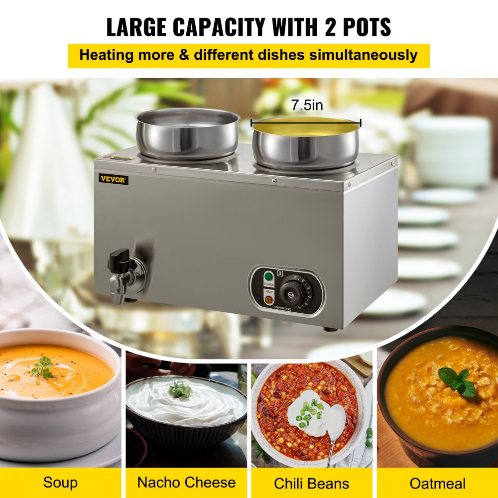 Calentador de alimentos comercial VEVOR de 110 V, capacidad de 8,4 cuartos de galón, calentador de sopa eléctrico de 500 W, temperatura ajustable de 86 a 185 °F, olla de sopa de encimera de acero inoxidable con grifo, calentador de alimentos Bain Marie para queso/perro caliente/arroz