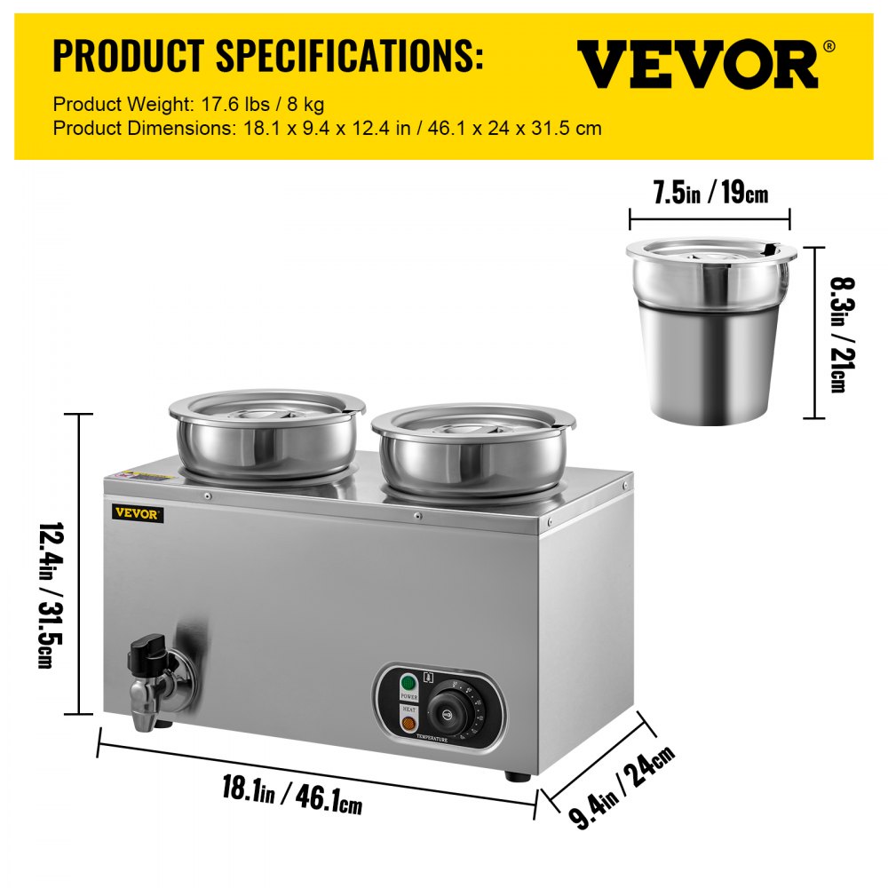 Calentador de alimentos comercial VEVOR de 110 V, capacidad de 8,4 cuartos de galón, calentador de sopa eléctrico de 500 W, temperatura ajustable de 86 a 185 °F, olla de sopa de encimera de acero inoxidable con grifo, calentador de alimentos Bain Marie para queso/perro caliente/arroz
