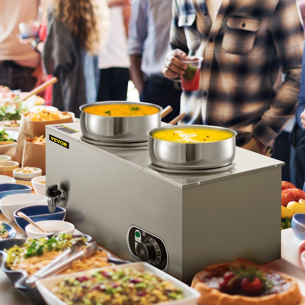 Calentador de alimentos comercial VEVOR de 110 V, capacidad de 8,4 cuartos de galón, calentador de sopa eléctrico de 500 W, temperatura ajustable de 86 a 185 °F, olla de sopa de encimera de acero inoxidable con grifo, calentador de alimentos Bain Marie para queso/perro caliente/arroz