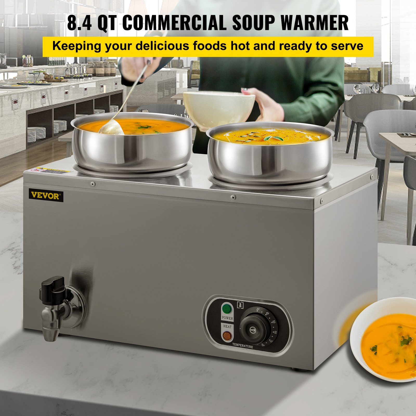 Calentador de alimentos comercial VEVOR de 110 V, capacidad de 8,4 cuartos de galón, calentador de sopa eléctrico de 500 W, temperatura ajustable de 86 a 185 °F, olla de sopa de encimera de acero inoxidable con grifo, calentador de alimentos Bain Marie para queso/perro caliente/arroz