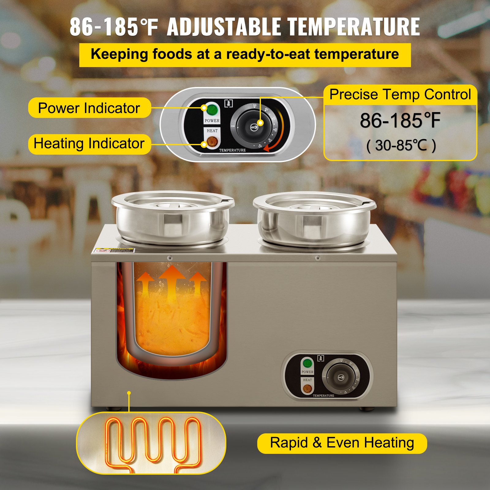 Calentador de alimentos comercial VEVOR de 110 V, capacidad de 8,4 cuartos de galón, calentador de sopa eléctrico de 500 W, temperatura ajustable de 86 a 185 °F, olla de sopa de encimera de acero inoxidable con grifo, calentador de alimentos Bain Marie para queso/perro caliente/arroz