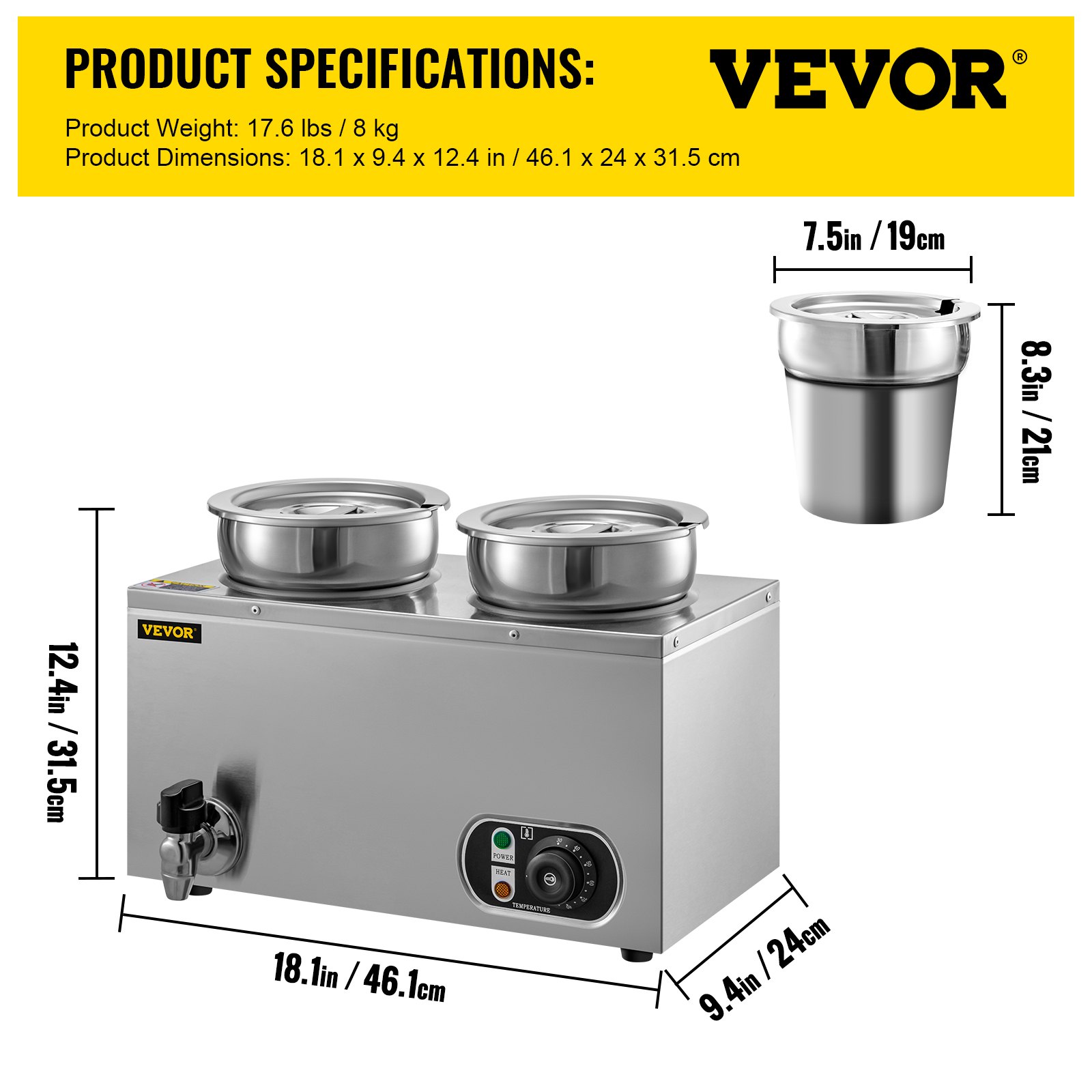Calentador de alimentos comercial VEVOR de 110 V, capacidad de 8,4 cuartos de galón, calentador de sopa eléctrico de 500 W, temperatura ajustable de 86 a 185 °F, olla de sopa de encimera de acero inoxidable con grifo, calentador de alimentos Bain Marie para queso/perro caliente/arroz