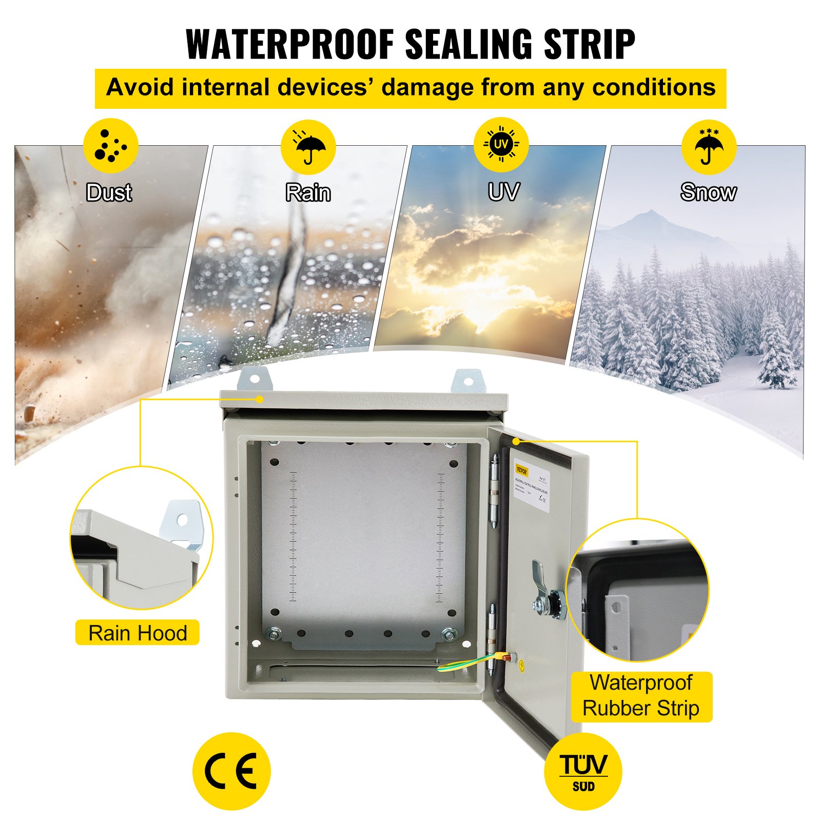 Caja eléctrica VEVOR, 8\'\' x 8\'\' x 6\'\', caja para exteriores NEMA 4 con certificación, IP65, resistente al agua y al polvo, caja de conexiones con bisagras de acero al carbono laminado en frío para uso en interiores y exteriores, con aro para lluvia